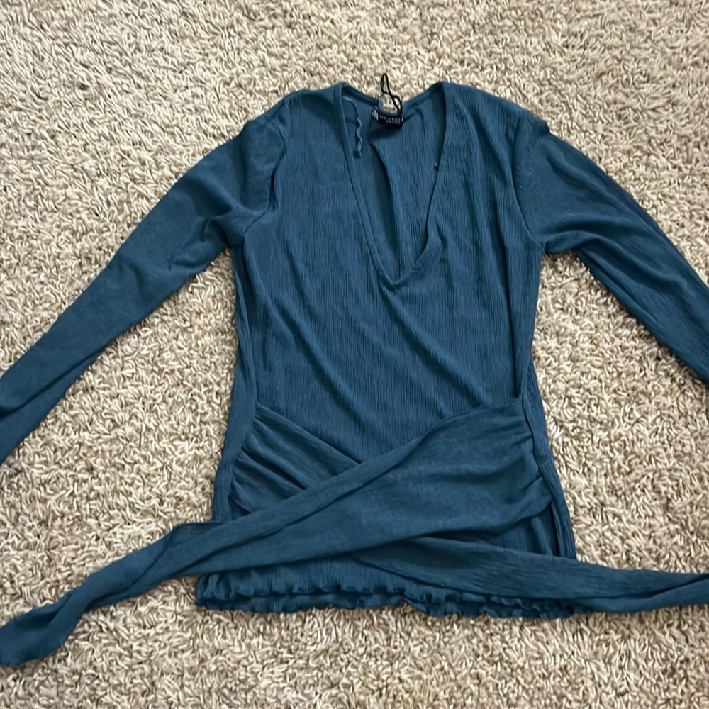 Zara teal sheer wrap tie shirt